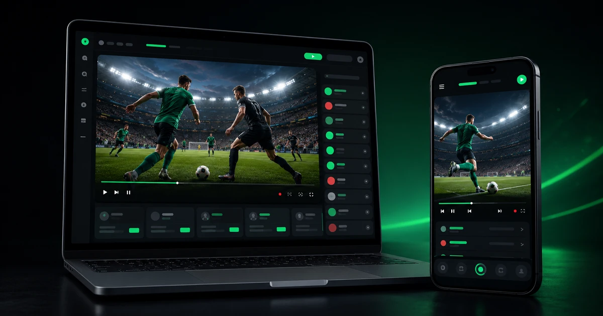 Strikeout stream showing a live sports game in HD on laptop and phone
